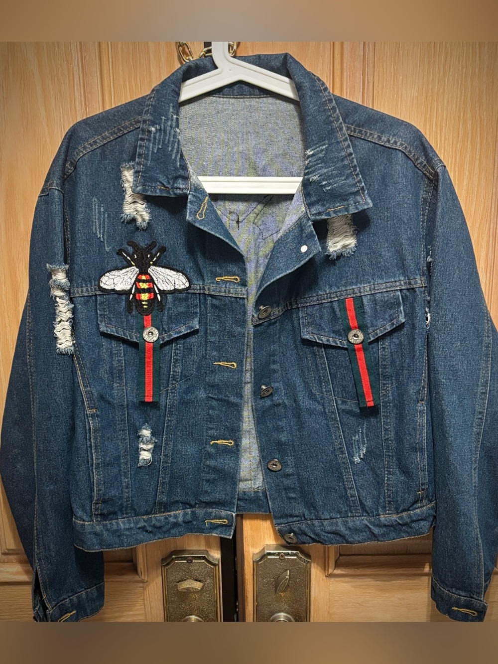 Designer Inspired Distressed Denim Jacket with Embroidered Bee & Stripes Motif